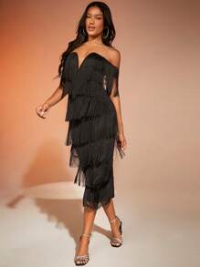 SHEIN BAE 挖肩流蘇邊緊身洋裝