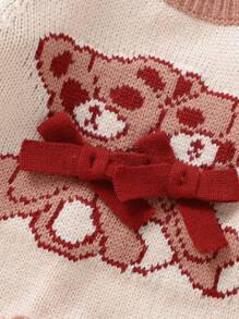 Baby Girl Bear Pattern Contrast Binding Sweater & Knit Shorts - Baby Pink - View 4