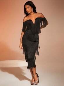 SHEIN BAE 挖肩流蘇邊緊身洋裝