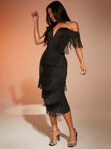 SHEIN BAE 挖肩流蘇邊緊身洋裝