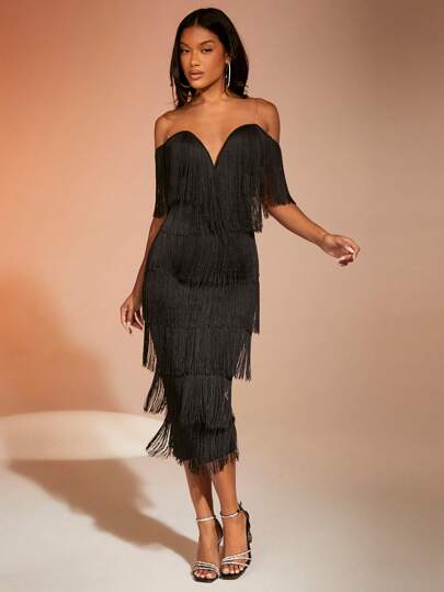 SHEIN BAE Cold Shoulder Fringe Trim Bodycon Dress,Valentine's Day,Valentine Outfits For Women
