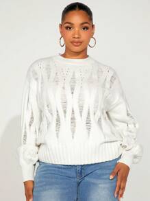 SHEIN SXY 大碼落肩袖麻花編織套頭毛衣 - 白色 - 查看 1