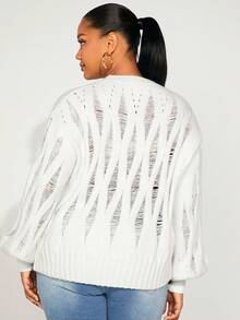SHEIN SXY 大碼落肩袖麻花編織套頭毛衣 - 白色 - 查看 2