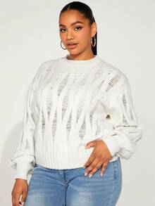 SHEIN SXY 大碼落肩袖麻花編織套頭毛衣 - 白色 - 查看 3