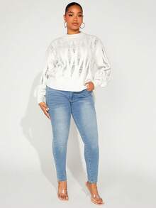 SHEIN SXY 大碼落肩袖麻花編織套頭毛衣 - 白色 - 查看 4