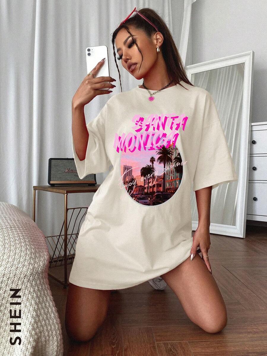 SHEIN Unity Letter Graphic Drop Shoulder Tee Dress - Beige - View 1