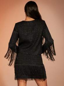 SHEIN BAE 流蘇邊短款金屬亮絲夾克 - 黑色 - 查看 3