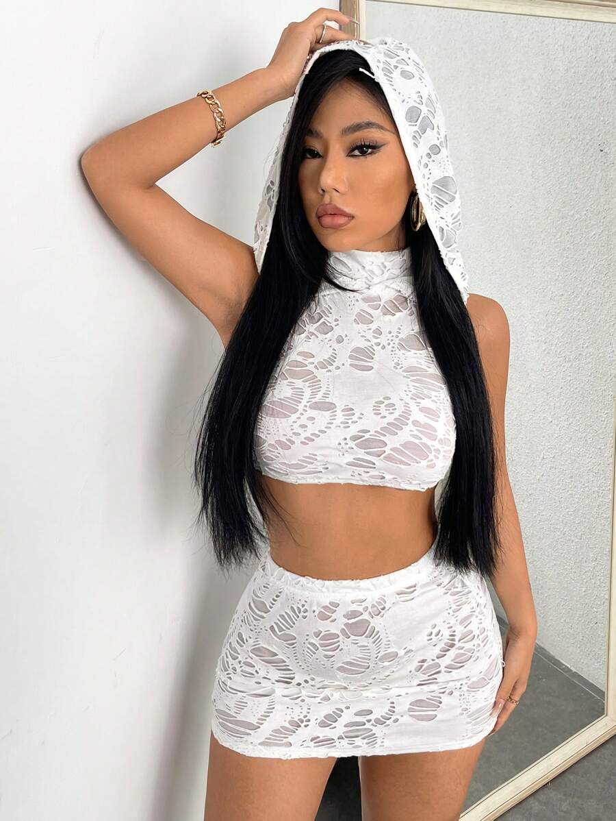 VaVaBold 連帽背心上衣&包臀半身裙 - 白色 - 查看 1