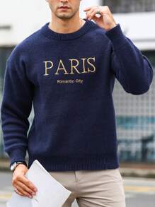 Manfinity Homme Loose Fit Men's Embroidered Letter Pattern Drop Shoulder Sweater - Navy Blue - View 1
