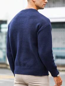 Manfinity Homme Loose Fit Men's Embroidered Letter Pattern Drop Shoulder Sweater - Navy Blue - View 2