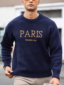 Manfinity Homme Loose Fit Men's Embroidered Letter Pattern Drop Shoulder Sweater - Navy Blue - View 3