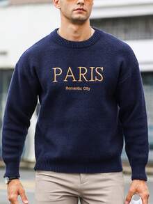 Manfinity Homme Loose Fit Men's Embroidered Letter Pattern Drop Shoulder Sweater - Navy Blue - View 4