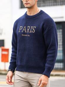 Manfinity Homme Loose Fit Men's Embroidered Letter Pattern Drop Shoulder Sweater - Navy Blue - View 5