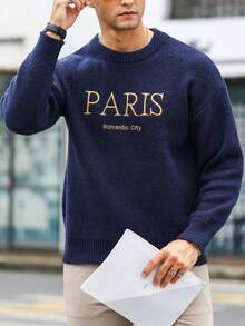Manfinity Homme Loose Fit Men's Embroidered Letter Pattern Drop Shoulder Sweater - Navy Blue - View 6