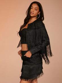 SHEIN BAE 流蘇邊短款金屬亮絲夾克 - 黑色 - 查看 5