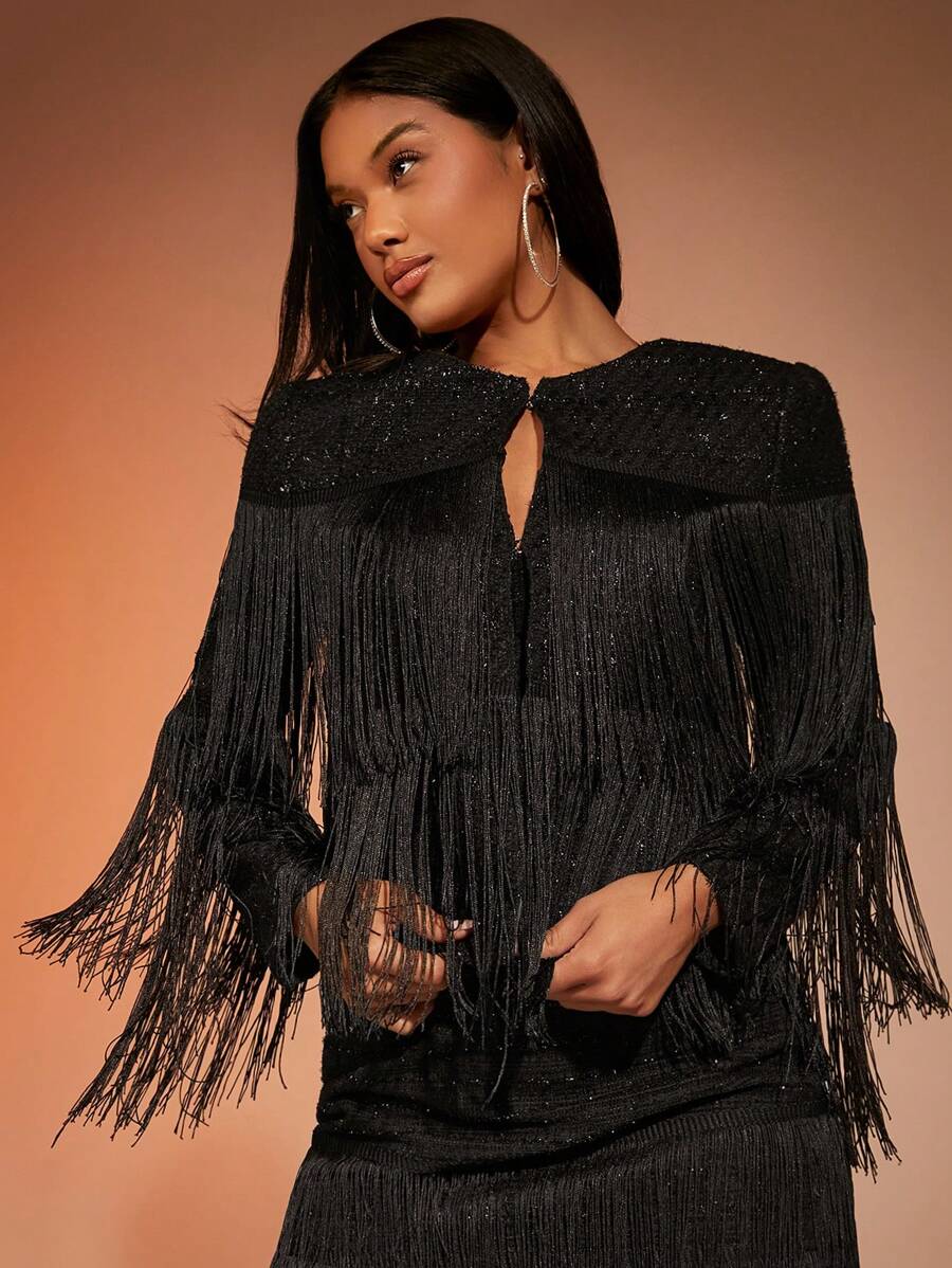 SHEIN BAE 流蘇邊短款金屬亮絲夾克 - 黑色 - 查看 1