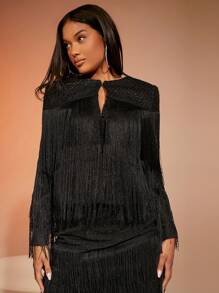 SHEIN BAE 流蘇邊短款金屬亮絲夾克 - 黑色 - 查看 7