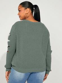 SHEIN SXY 大碼鏤空條紋針織套頭毛衣 - 薄荷綠 - 查看 2