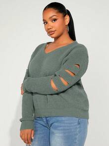 SHEIN SXY 大碼鏤空條紋針織套頭毛衣 - 薄荷綠 - 查看 5