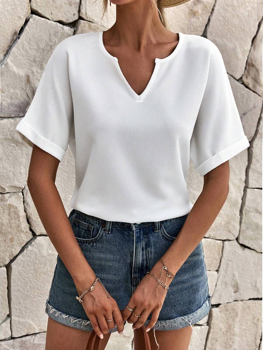 RueChic Solid Notched Neck Batwing Sleeve Tee - White - View 1