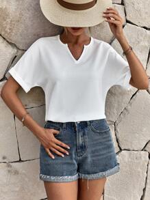 RueChic Solid Notched Neck Batwing Sleeve Tee - White - View 3
