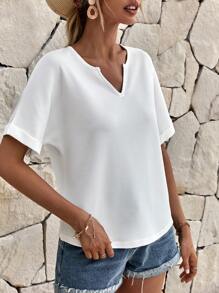RueChic Solid Notched Neck Batwing Sleeve Tee - White - View 4