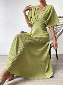 SHEIN VCAY Chất rắn tay cánh Váy chữ A - màu xanh lá - Xem 1