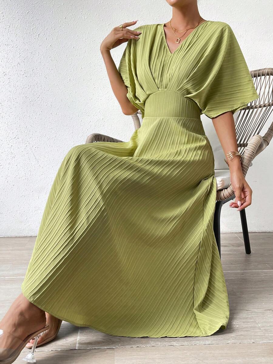 SHEIN VCAY Chất rắn tay cánh Váy chữ A - màu xanh lá - Xem 1