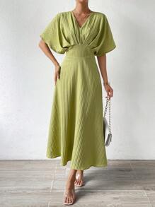 SHEIN VCAY Chất rắn tay cánh Váy chữ A - màu xanh lá - Xem 3