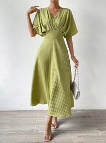 SHEIN VCAY Chất rắn tay cánh Váy chữ A - màu xanh lá - Xem 5