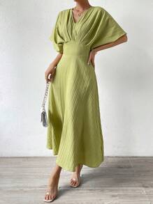 SHEIN VCAY Chất rắn tay cánh Váy chữ A - màu xanh lá - Xem 6