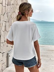 RueChic Solid Notched Neck Batwing Sleeve Tee - White - View 5