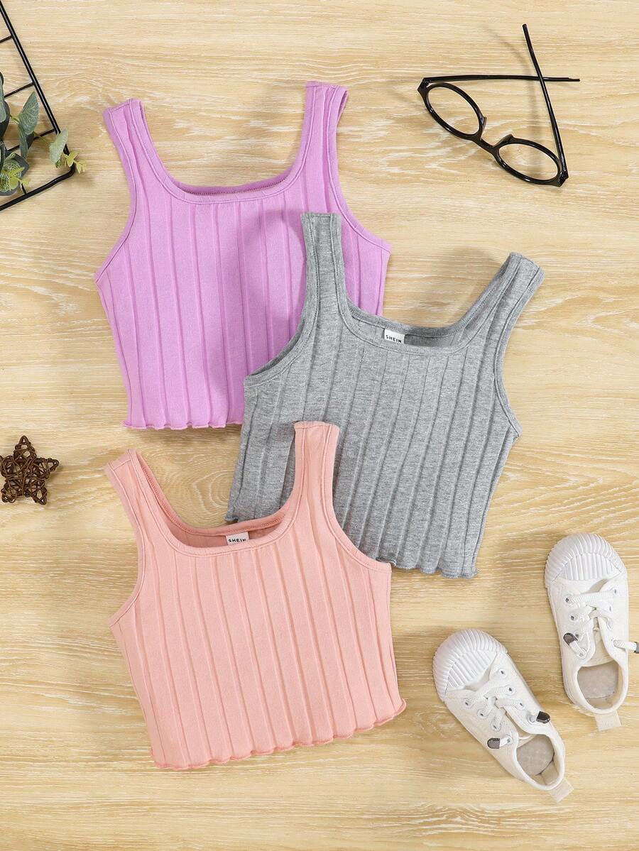 SHEIN 休閒木耳邊 羅紋針織純色女童（小）背心 - 紫丁香色 - 查看 1