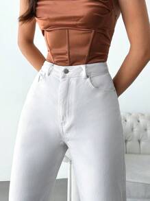 EURMUSE High Waist Mom Fit Jeans - White - View 4