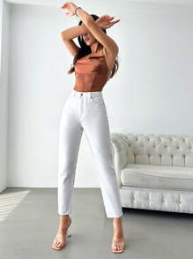 EURMUSE High Waist Mom Fit Jeans - White - View 5