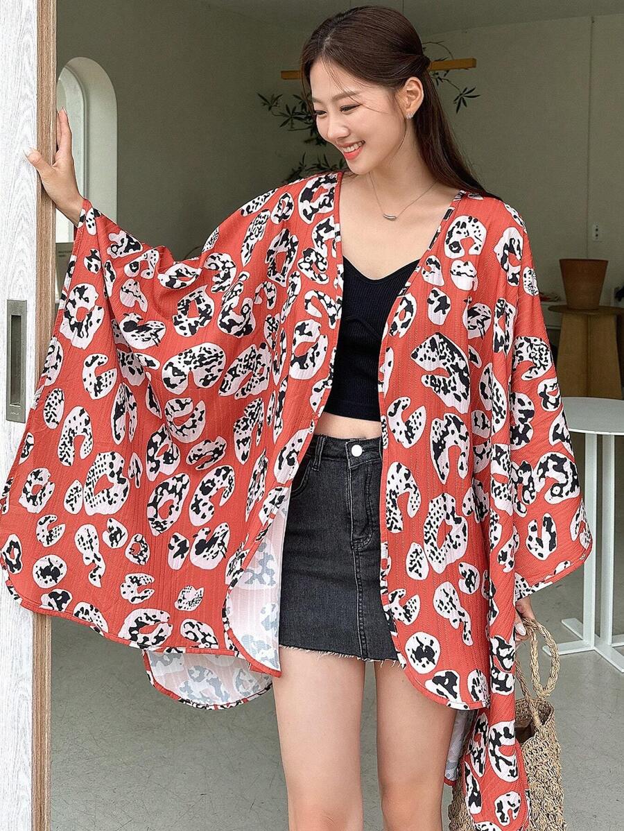 DAZY 滿版印花蝙蝠袖和服罩衫 - 紅色 - 查看 1