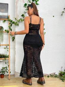 SHEIN Unity Plus Split Thigh Lace Cami Dress Without Lingerie Set - Black - View 2