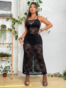 SHEIN Unity Plus Split Thigh Lace Cami Dress Without Lingerie Set - Black - View 3