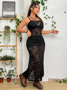 SHEIN Unity Plus Split Thigh Lace Cami Dress Without Lingerie Set - Black - View 4