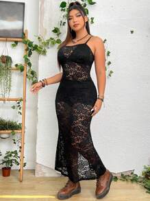 SHEIN Unity Plus Split Thigh Lace Cami Dress Without Lingerie Set - Black - View 5