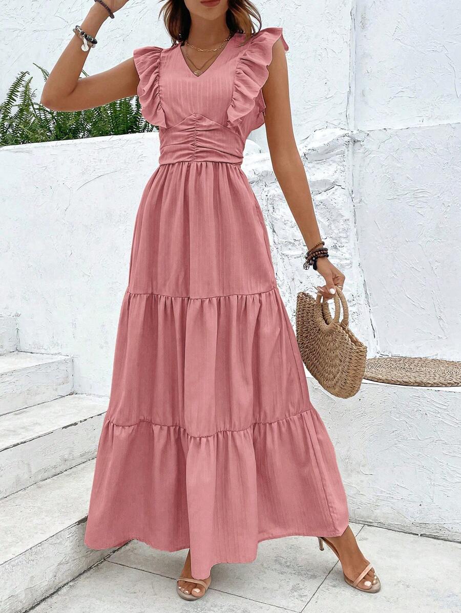 Breezaya Ruffle Trim Ruched Ruffle Hem Dress | SHEIN USA