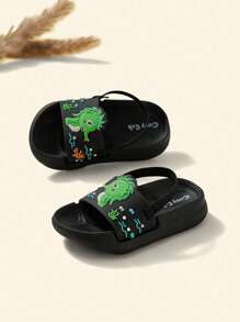 Cozy Pixies Fashionable Unisex Beach Sandals/Summer Slippers, Fun & Casual Seahorse/Dinosaur Design For Infant/Toddler, Flat Slippers - Black - View 3