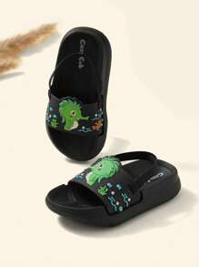 Cozy Pixies Fashionable Unisex Beach Sandals/Summer Slippers, Fun & Casual Seahorse/Dinosaur Design For Infant/Toddler, Flat Slippers - Black - View 5