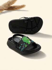 Cozy Pixies Fashionable Unisex Beach Sandals/Summer Slippers, Fun & Casual Seahorse/Dinosaur Design For Infant/Toddler, Flat Slippers - Black - View 6