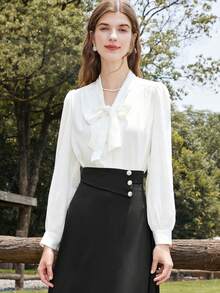 Tie Neck Puff Sleeve Blouse - White - View 1