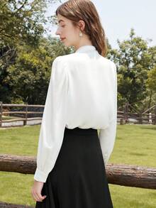 Tie Neck Puff Sleeve Blouse - White - View 2