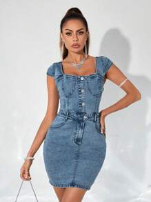 SHEIN BAE Button Front Bodycon Denim Dress