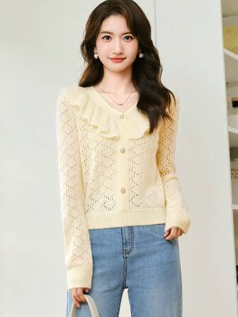 Ruffle Trim Pointelle Knit Sweater