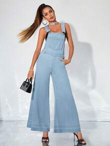 SHEIN Slant Pocket Wide Leg Denim Dungarees Without Cami Top - Light Wash - View 4