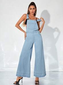 SHEIN Slant Pocket Wide Leg Denim Dungarees Without Cami Top - Light Wash - View 2